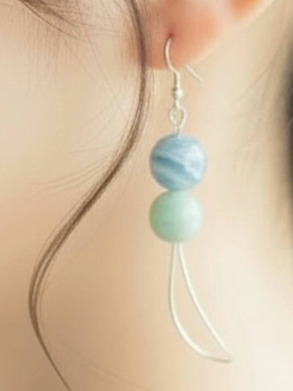 Blue Agate and Soft Green Agate Curved Hoop Earrings